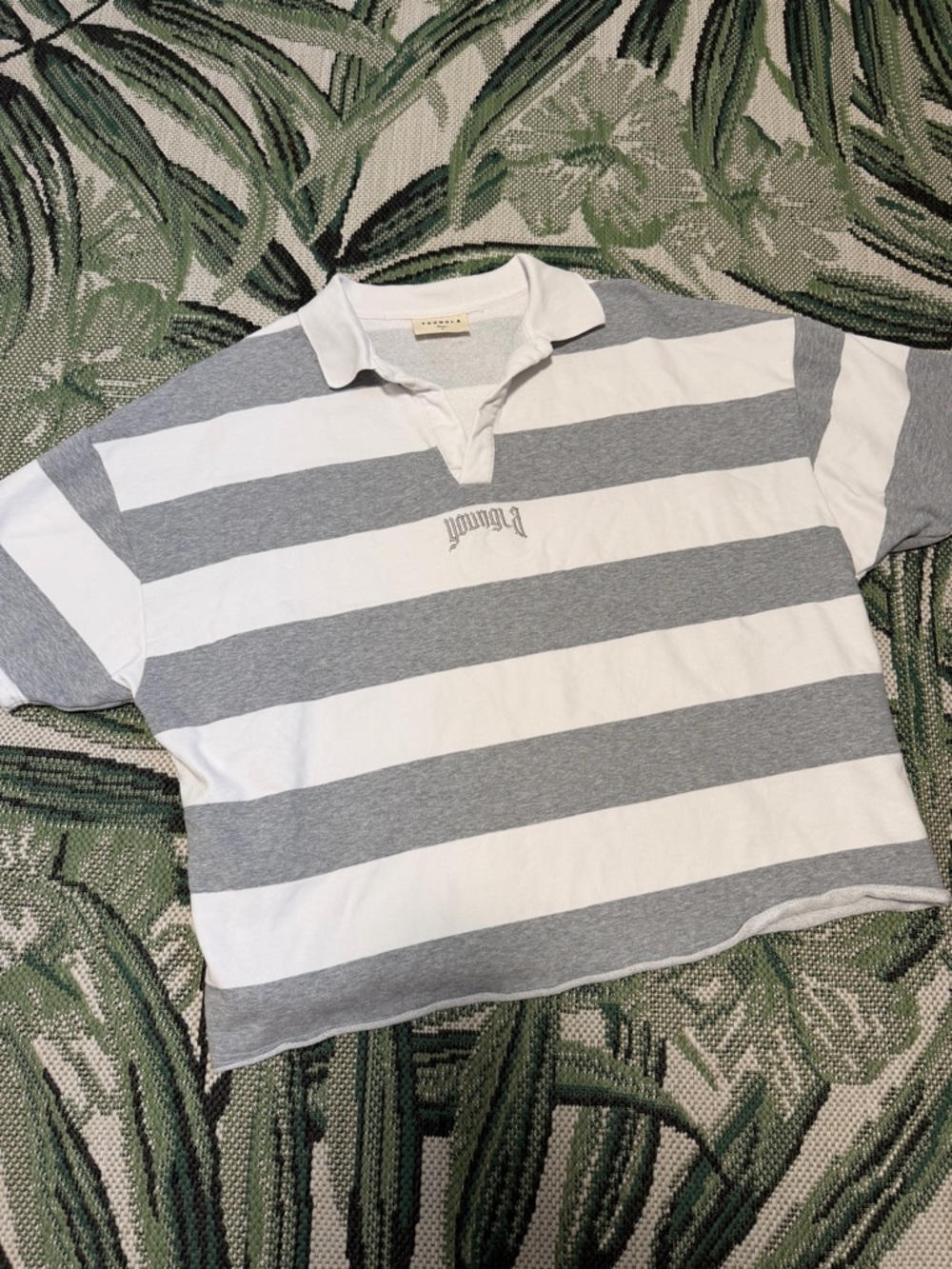 YoungLA Terry Cloth Polo Short Striped Rugby Style - White & Light Gray Large
